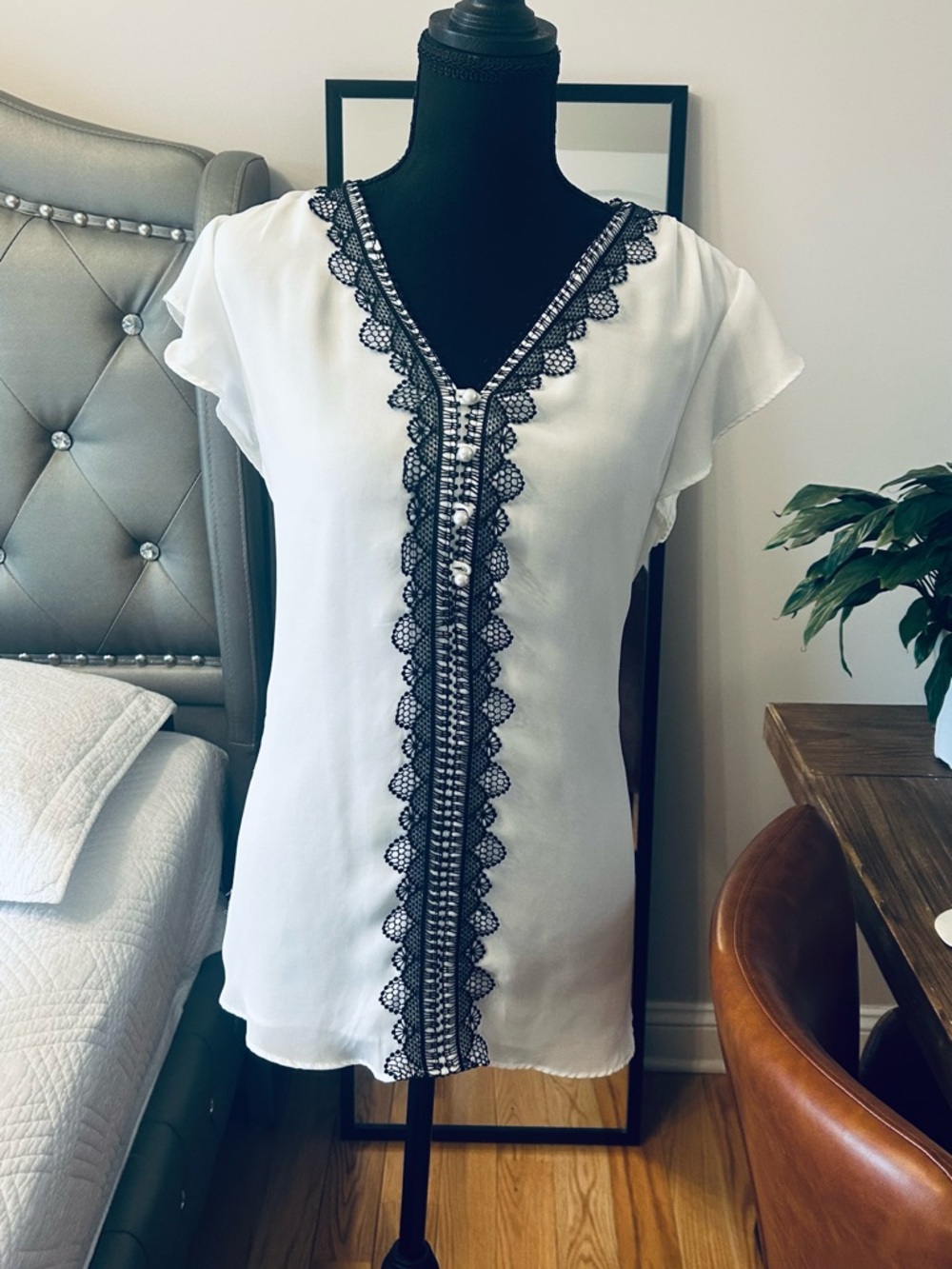 White House Black Market White V-Neck Blouse with Black Lace Trim